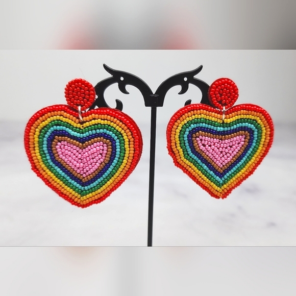 Hand Crafted Jewelry - ❤️ Seed bead rainbow heart earrings